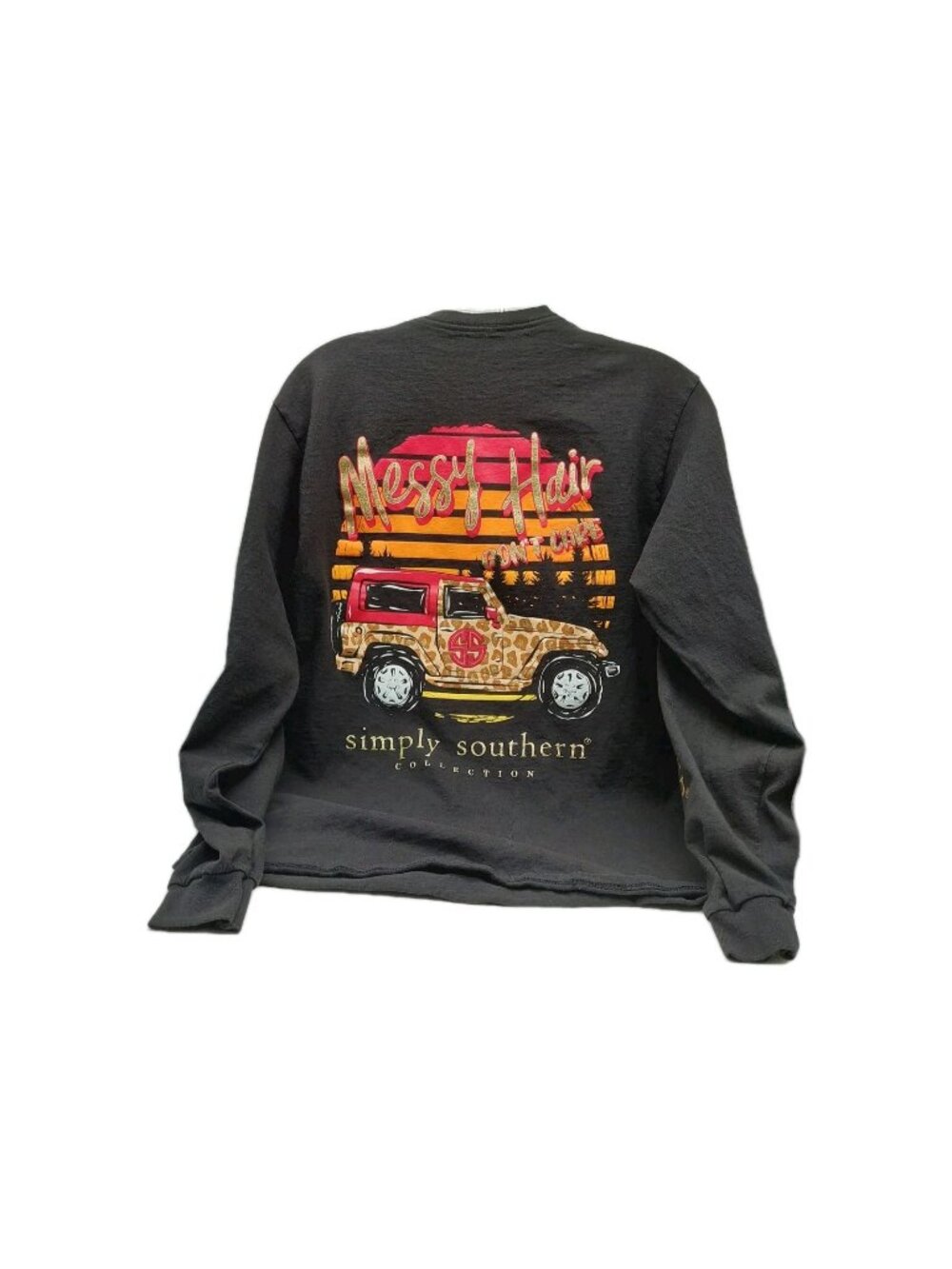 Simply Southern Jeep Leopard Messy Hair Black Long Sleeve T Shirt Size Medium